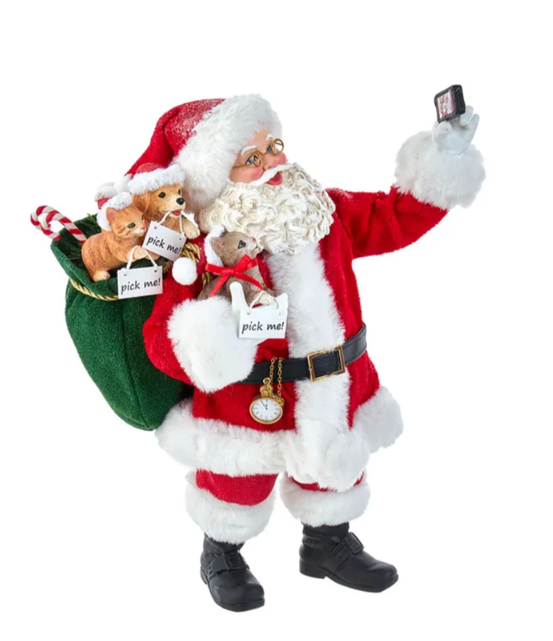 The Canton Christmas Shop 11" Fabriche Selfie Santa Figurine with puppies and kittens for adoption from Kurt Adler