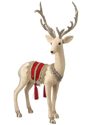 The Canton Christmas Shop 22 inch tall Christmas reindeer figurine with braided gold collar red satin blanket with gold trim and red tassels gold glittered antlers and hooves with braided trim