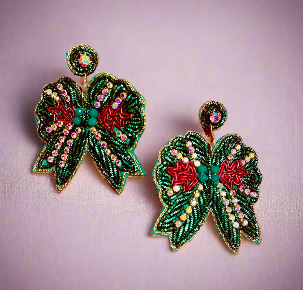 Green Bow Beaded Rhinestone Earrings