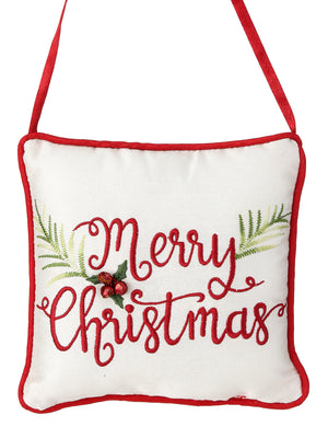 The Canton Christmas Shop 6" Quilted Embroidered Merry Christmas Pillow for doorknob door hutch display