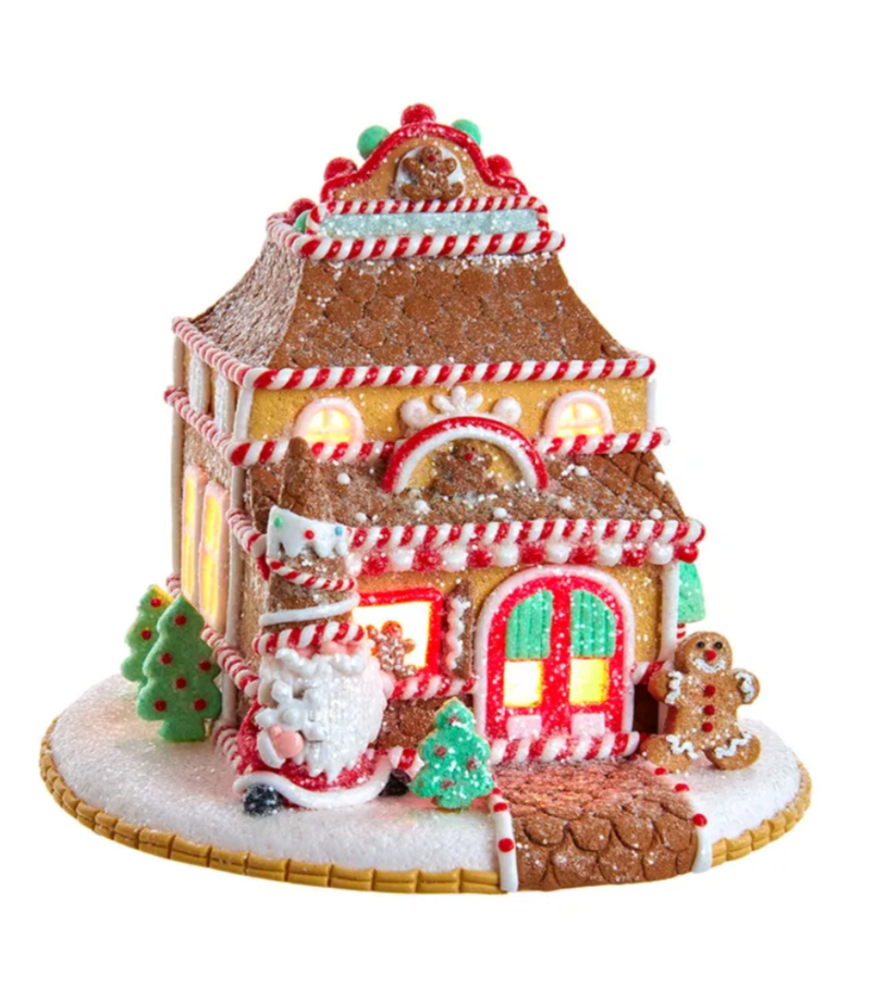 The Canton Christmas Shop 7 1/2" Claydough Lighted Gingerbread Shop on Christmas kitchen tabletop