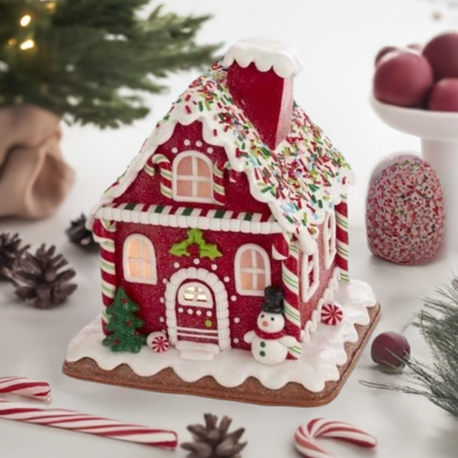 The Canton Christmas Shop Snowman &amp; Sprinkles Gingerbread House by Kurt Adler Candy Cane Details Snowman Christmas Tree