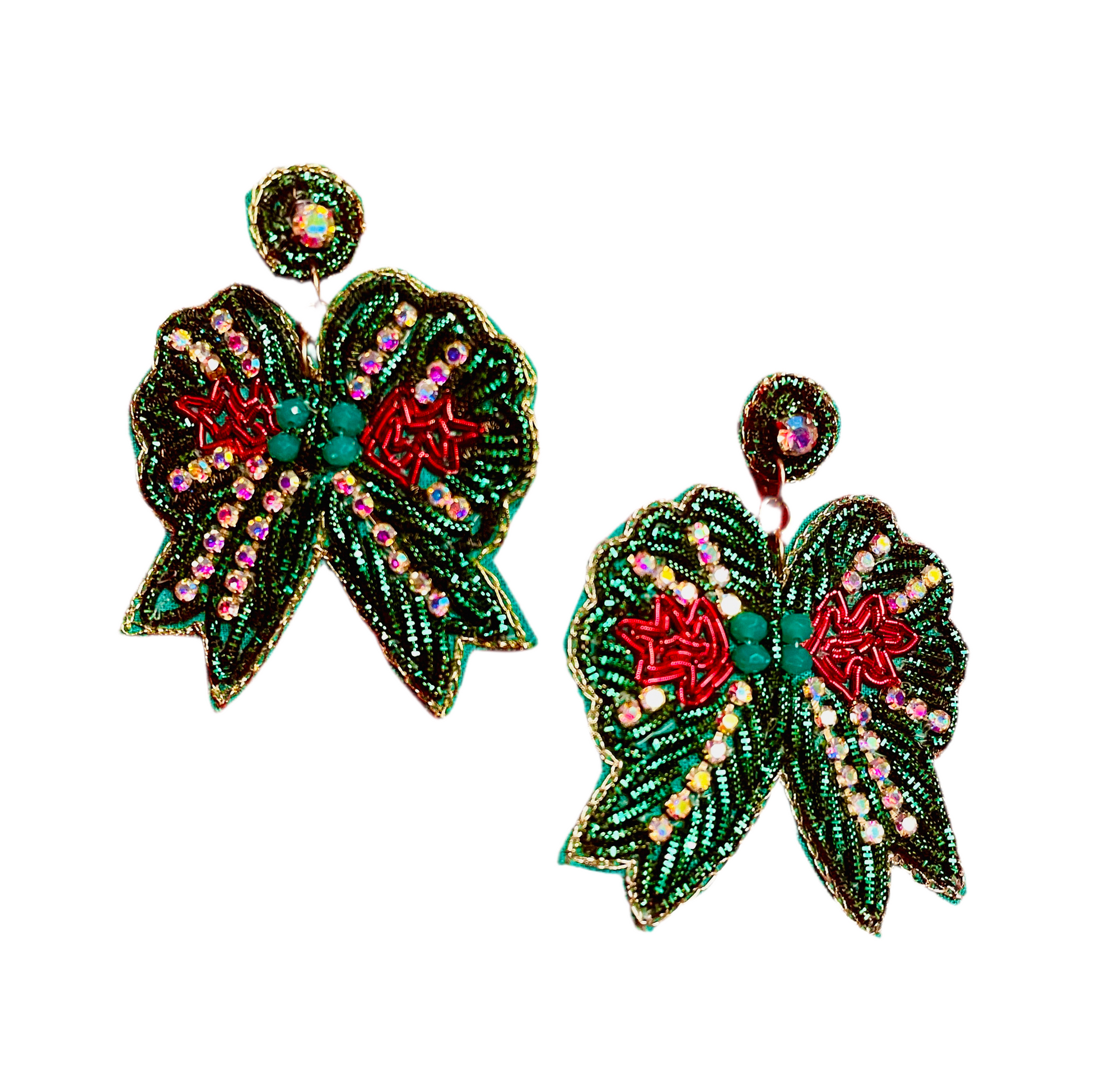 Green Bow Beaded Rhinestone Earrings