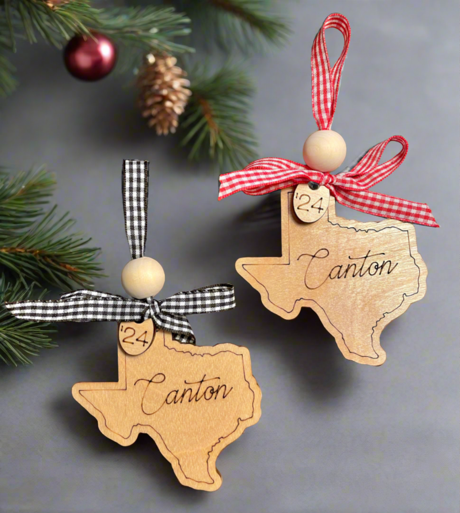 The Canton Christmas Shop Custom Canton Texas Ornament with Red checkered or black checkered ribbon 2024