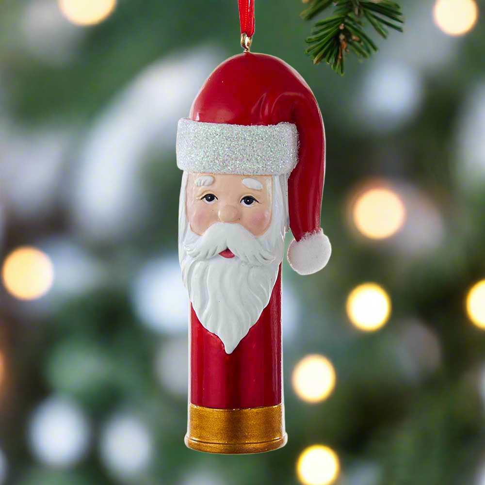 The Canton Christmas Shop Santa Shotgun Shell Kurt Adler Ornament with red ribbon