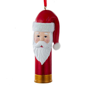 The Canton Christmas Shop Santa Shotgun Shell Kurt Adler Ornament with red ribbon on white background
