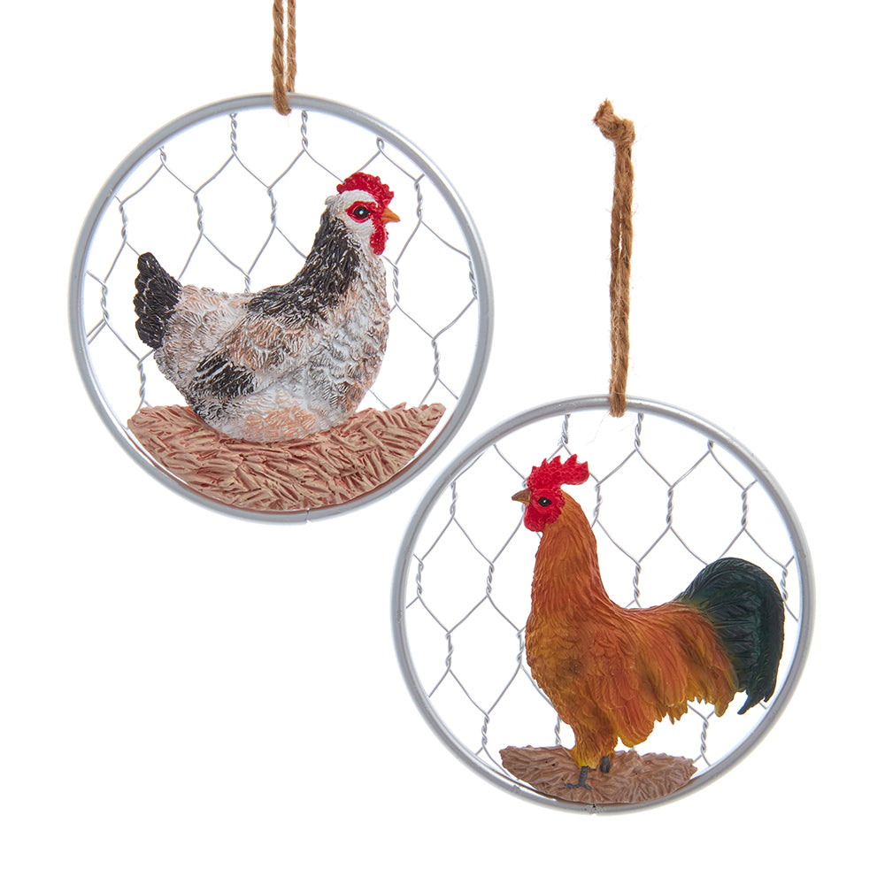 The Canton Christmas Shop Chicken and Rooster on Chicken Wire Round Kurt Adler Ornament Set of 2