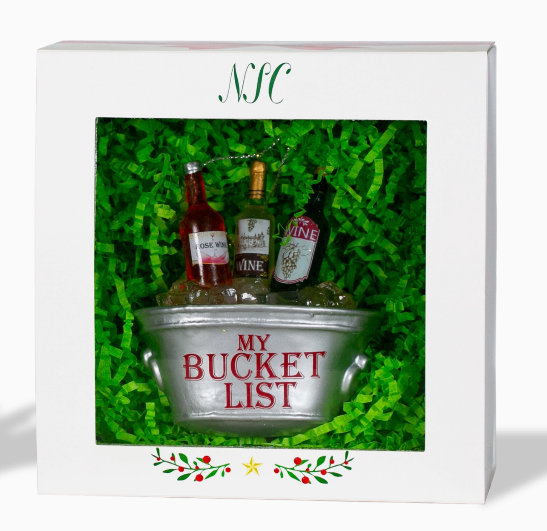 The Canton Christmas Shop Wine Bucket List Glass Ornament in gift box