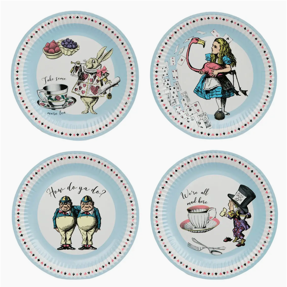 The Canton Christmas Shop Alice in Wonderland Party Paper Plate Set with Alice Flamingo White Rabbit Tweedle Dee Tweedle Dum Mad Hatter We're All Mad Here Playing Cards Birthday Party Tea Party