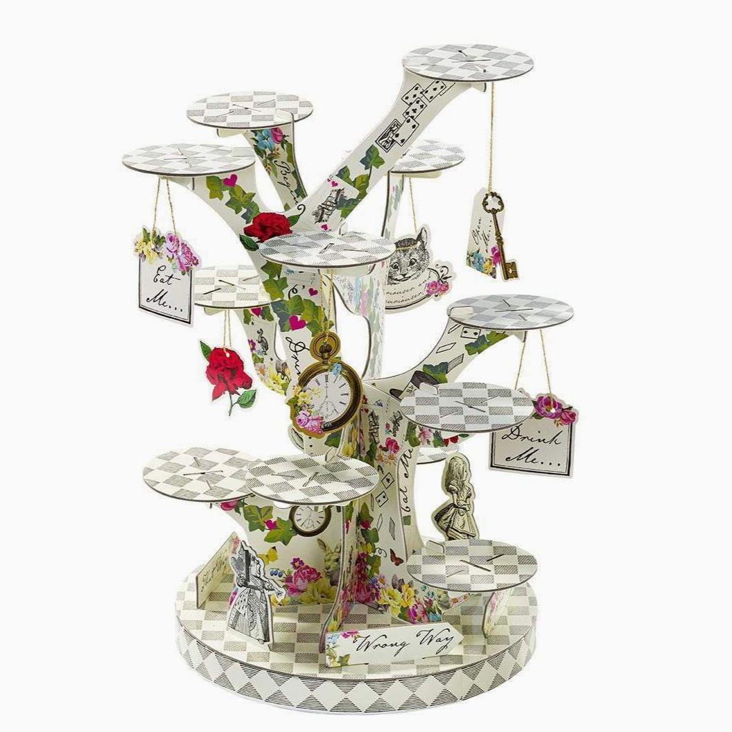 The Canton Christmas Shop Alice in Wonderland Tree Shaped Cupcake Stand with characters movie signs drink me eat me wrong way white rabbit Cheshire Cat pocket watch