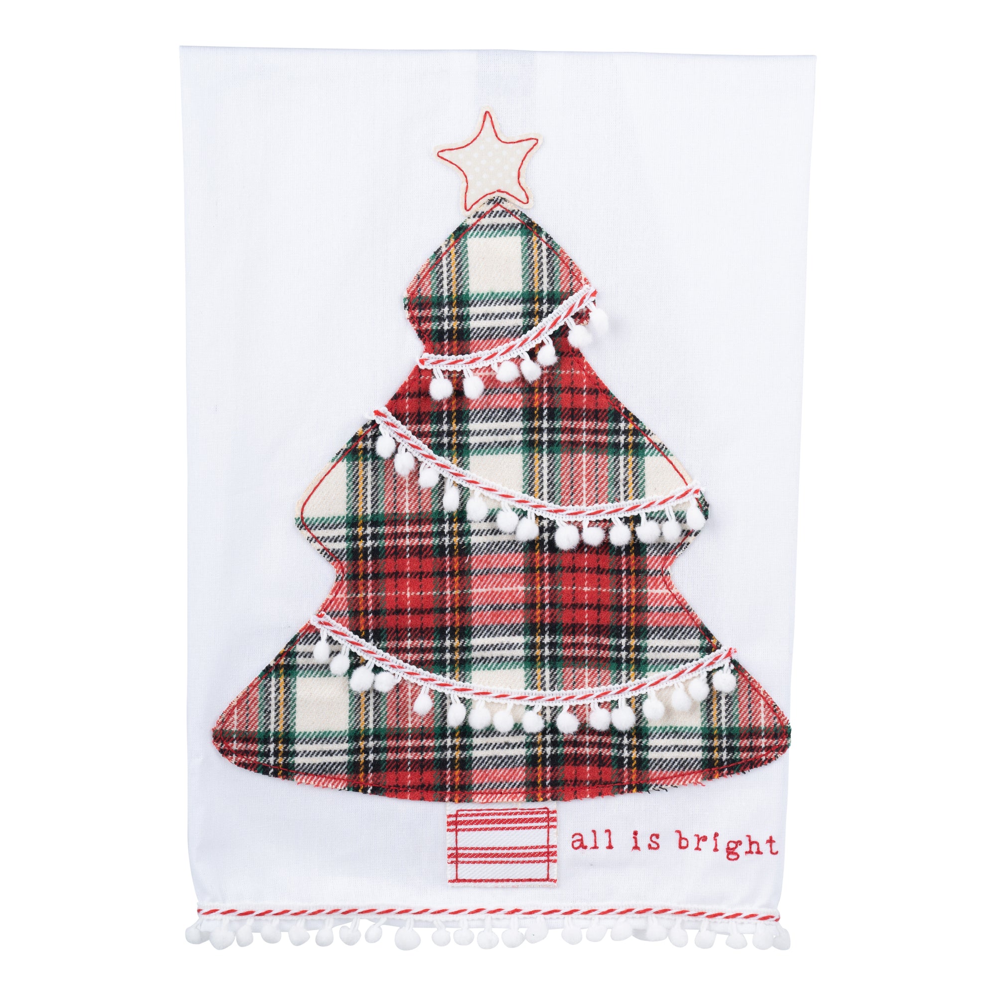 The Canton Christmas Shop All Is Bright Kitchen Towel with plaid pom pom trim by Glory Haus