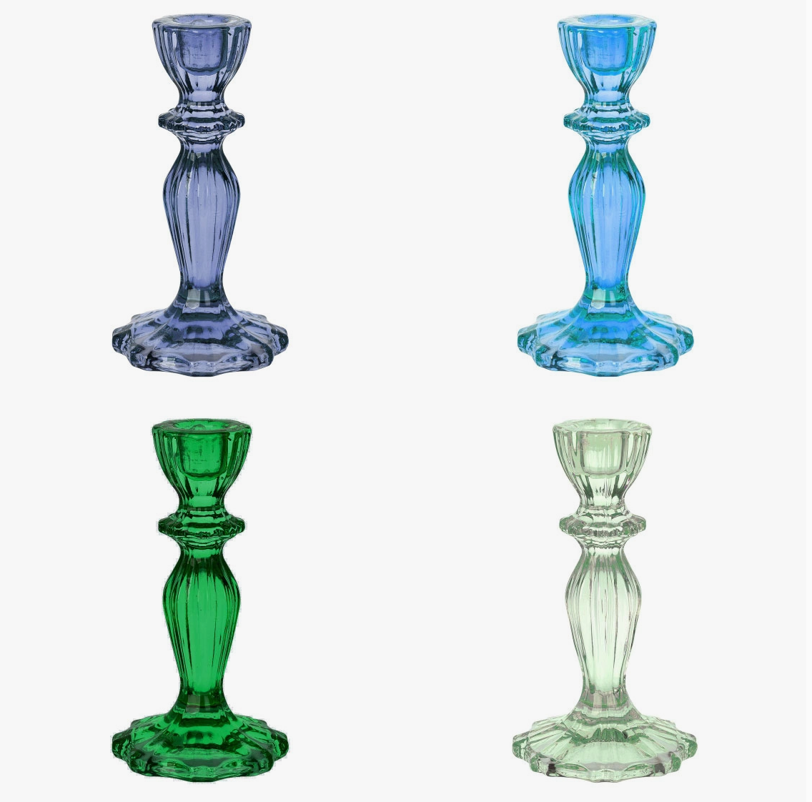 The Canton Christmas Shop Shades of Blue and Green Retro Midcentury Glass Candle Holders Candlesticks for holidays parties birthdays Christmas candles