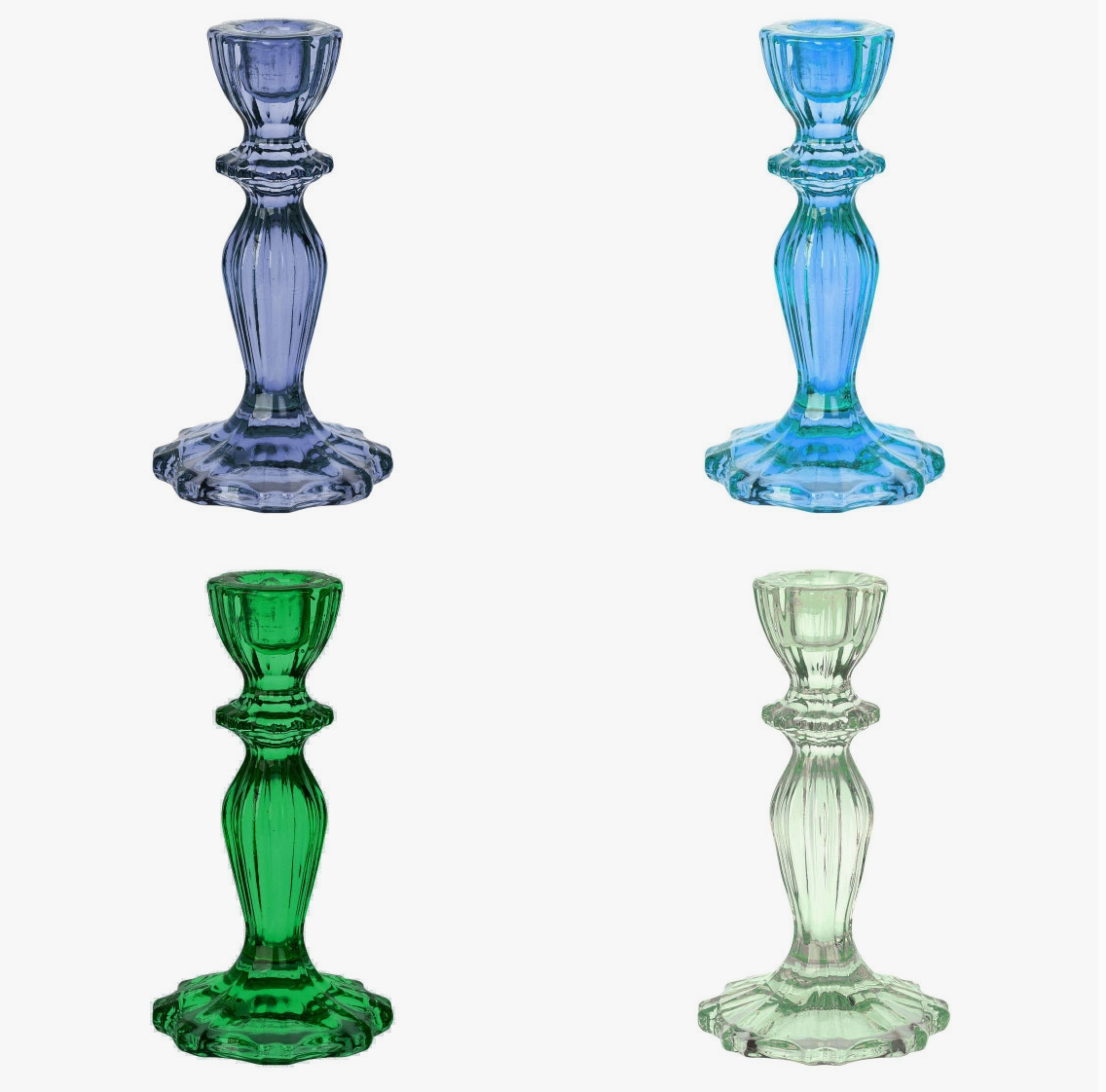 The Canton Christmas Shop Shades of Blue and Green Glass Candle Holders Candlesticks for holidays parties birthdays Christmas candles