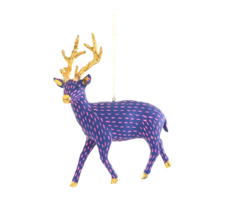 The Canton Christmas Shop Blue and Pink Paper Deer Ornament on a white background