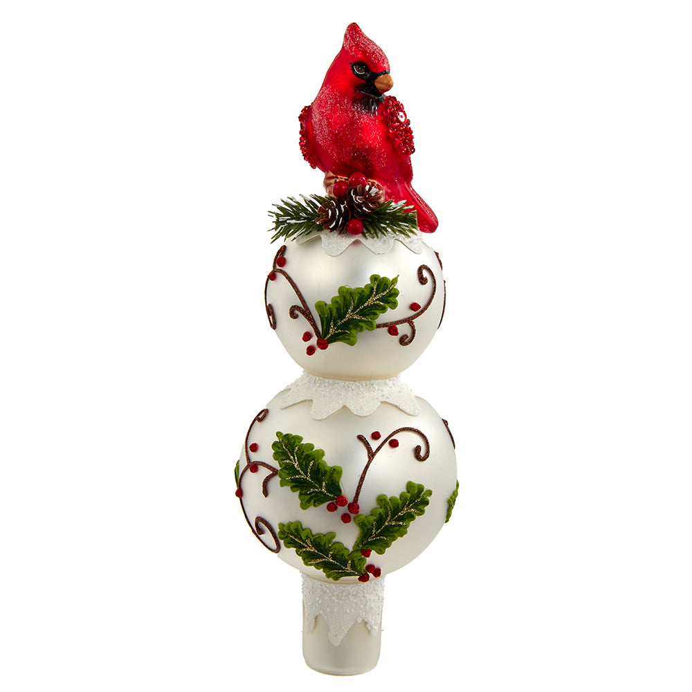12" Cardinal and Holly Glass Tree Topper