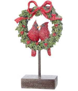 The Canton Christmas Shop Frosted 12 inch Cardinal Couple with Wreath and Holly Berries Red Ribbon and Christmas Bow on Stand Glittered Snow