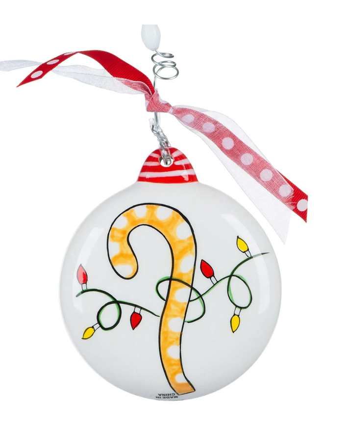 The Canton Christmas Shop Merry Catmas Christmas Ornament reverse with cat tail tangled in lights on white background