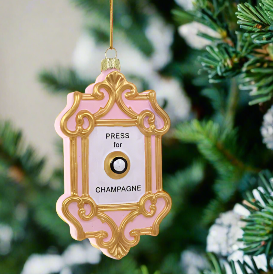 The Canton Christmas Shop Champagne Button Ornament Press in case of emergency Cody Foster Pink and Gold Ornament