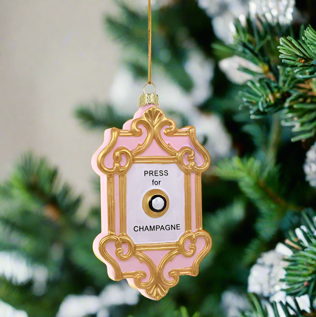 The Canton Christmas Shop Champagne Button Ornament Press in case of emergency Cody Foster Pink and Gold Ornament