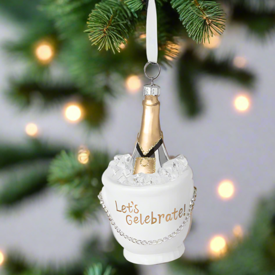 The Canton Christmas Shop Champagne Toast Glass Ornament on tree by Park Hill Collection Champagne Bucket with Bottle