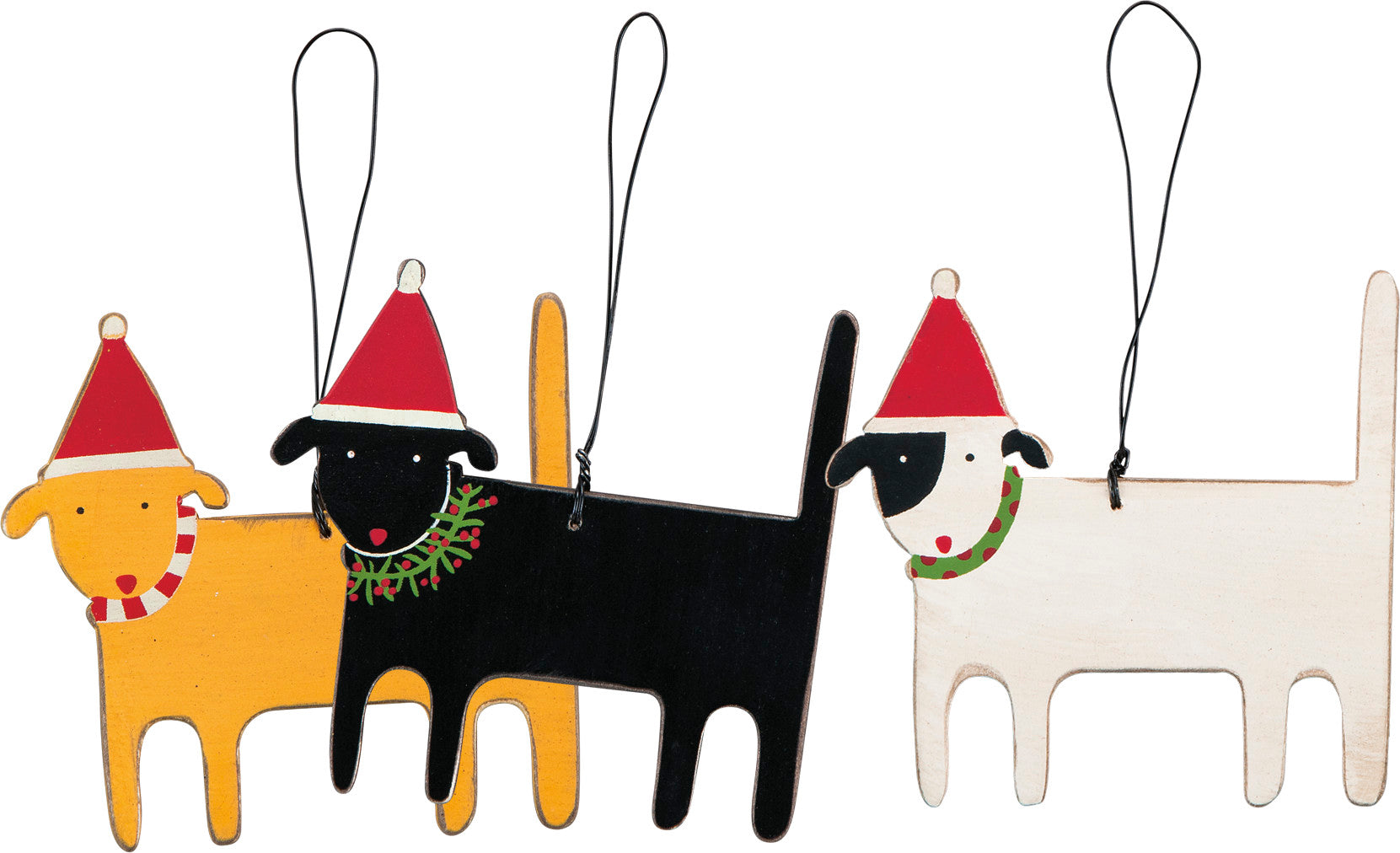 The Canton Christmas Shop Christmas Dog Ornament Assorted Colors of Black White Yellow with festive scarves wire hanger