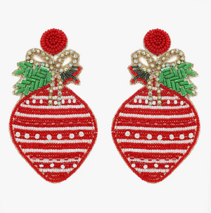 The Canton Christmas Shop Christmas Ornament Beaded Jeweled Earrings with Rhinestone Bow Red and White