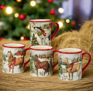 The Canton Christmas Shop Christmas On the Farm 18 oz. Mug, Assorted set with gray, chestnut, bay and palomino breeds