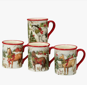 The Canton Christmas Shop Christmas On the Farm 18 oz. Mug, Assorted set with gray, chestnut, bay and palomino breeds