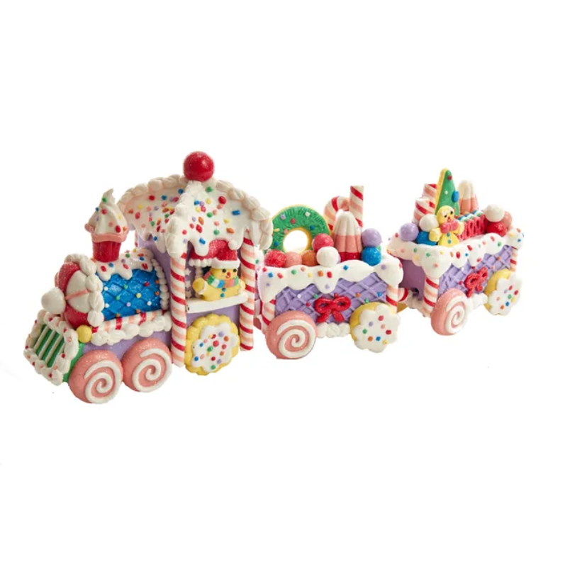 The Canton Christmas Shop 14.4" Gingerbread Claydough Train Set by Kurt Adler on kitchen counter