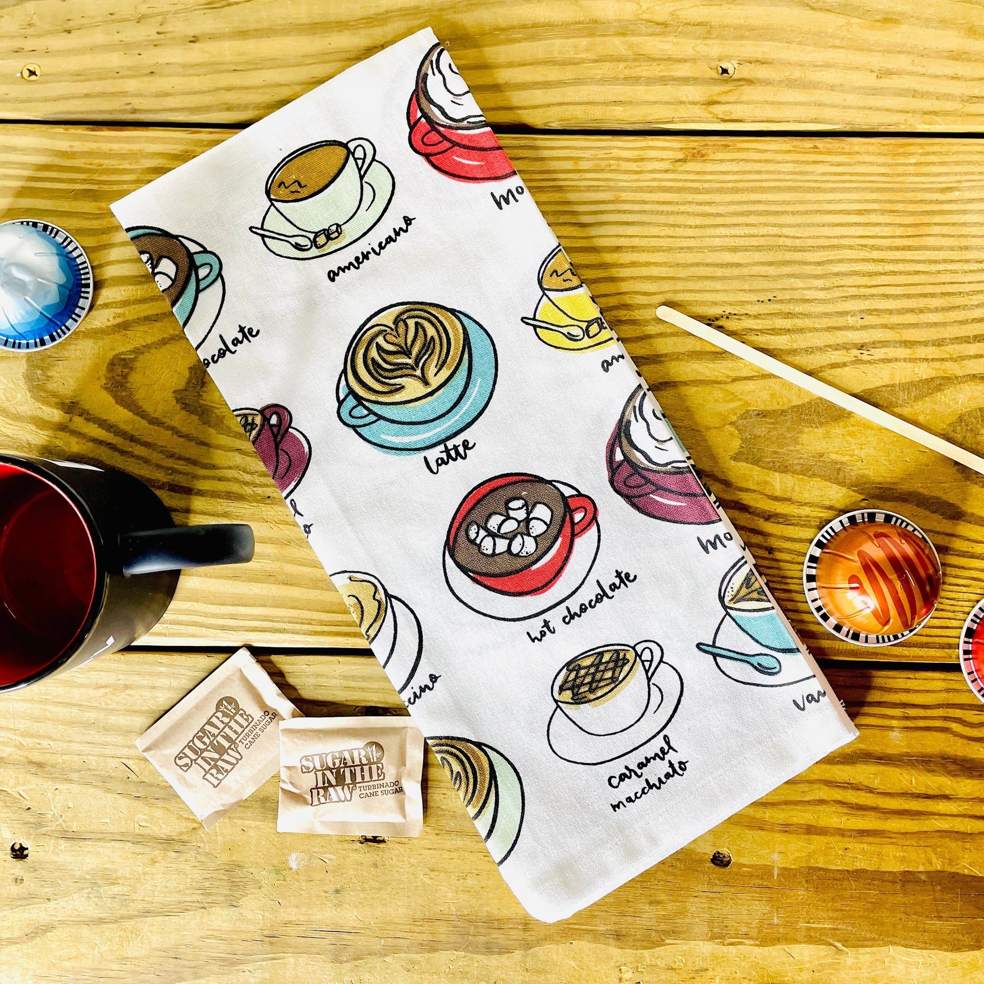 The Canton Christmas Shop Coffee Lover Kitchen Towel with espresso drinks hot chocolate Carmel macchiato Americana