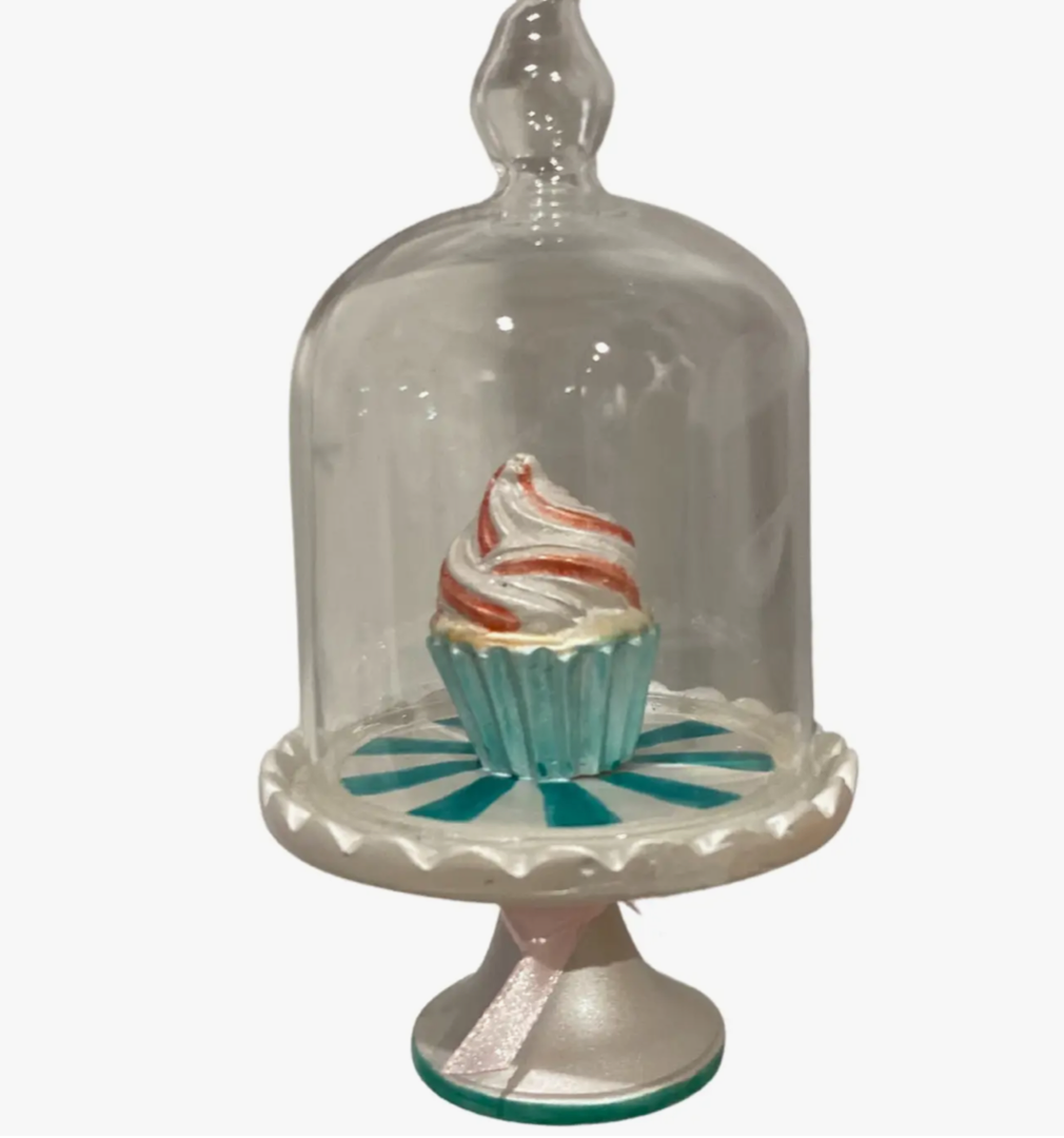 The Canton Christmas Shop Cupcake Cake Plate Glass Ornament on tree branch