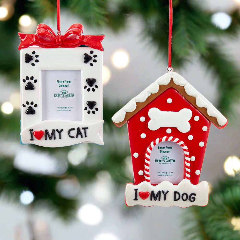 The Canton Christmas Shop Red and White Dog and Cat Picture Frame Ornaments by Kurt Adler