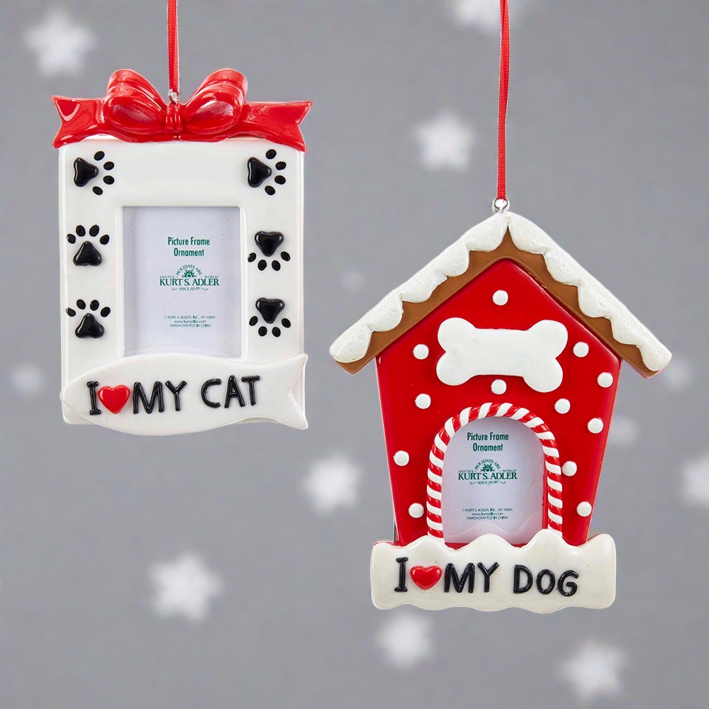 The Canton Christmas Shop Red and White Dog and Cat Picture Frame Ornaments by Kurt Adler