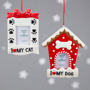 The Canton Christmas Shop Red and White Dog and Cat Picture Frame Ornaments by Kurt Adler on star background