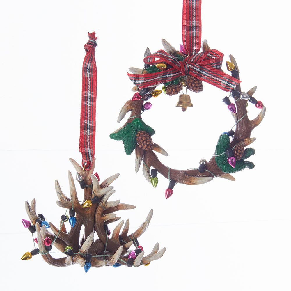 The Canton Christmas Shop Christmas Antler Chandelier and Antler Wreath with lights pinecones and plaid ribbon set of two ornaments Kurt Adler