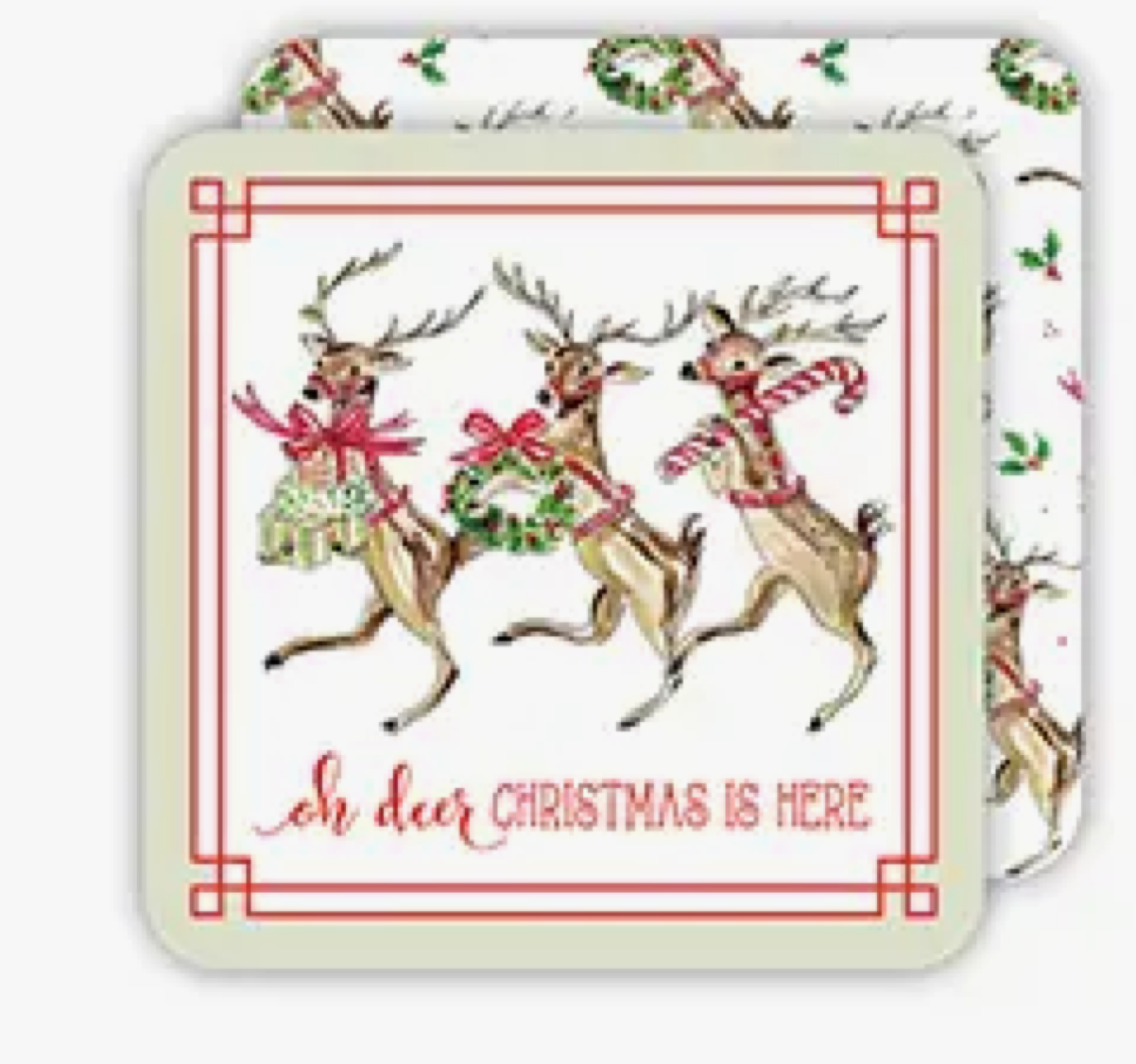 The Canton Christmas Shop Handpainted Dancing Reindeer Square Coaster on white background