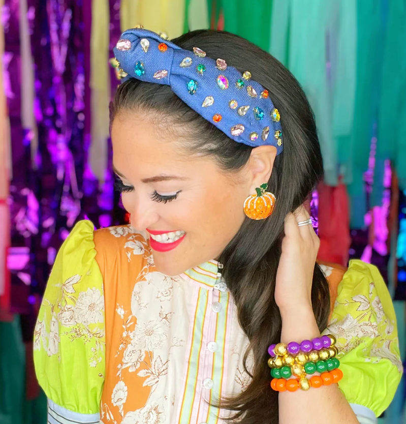 The Canton Christmas Shop Dark Denim Headband with Colorful Crystals Lifestyle Photo with Brianna Cannon