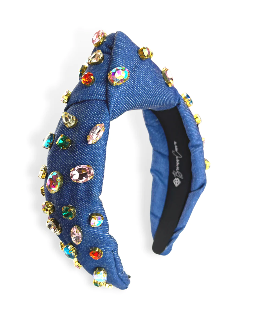 The Canton Christmas Shop Dark Denim Headband with Colorful Crystals Lifestyle Photo with Brianna Cannon