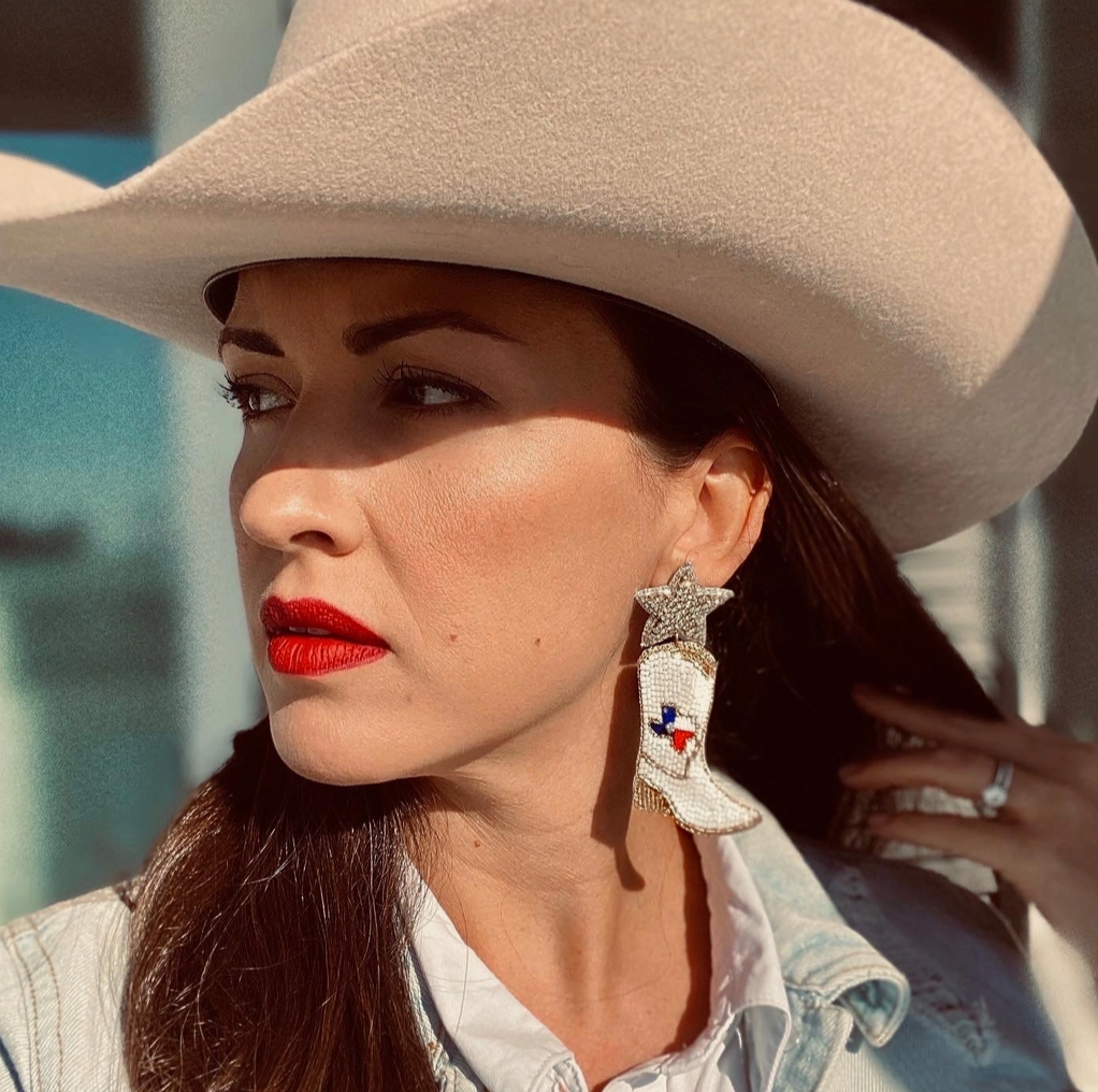 Heart of Texas Beaded and Jeweled State Cowboy Boot Earrings on model