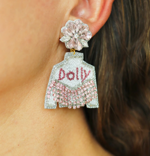 Dolly Beaded Earrings with Pink Jewels Fringe and 14k gold hardware on model