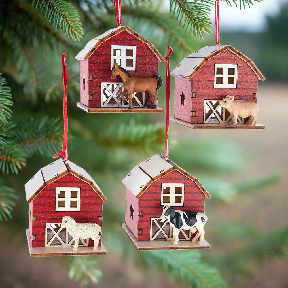 The Canton Christmas Shop Laser Cut Wood Barn with Sheep Cow Horse Pig Ornament by Kurt Adler