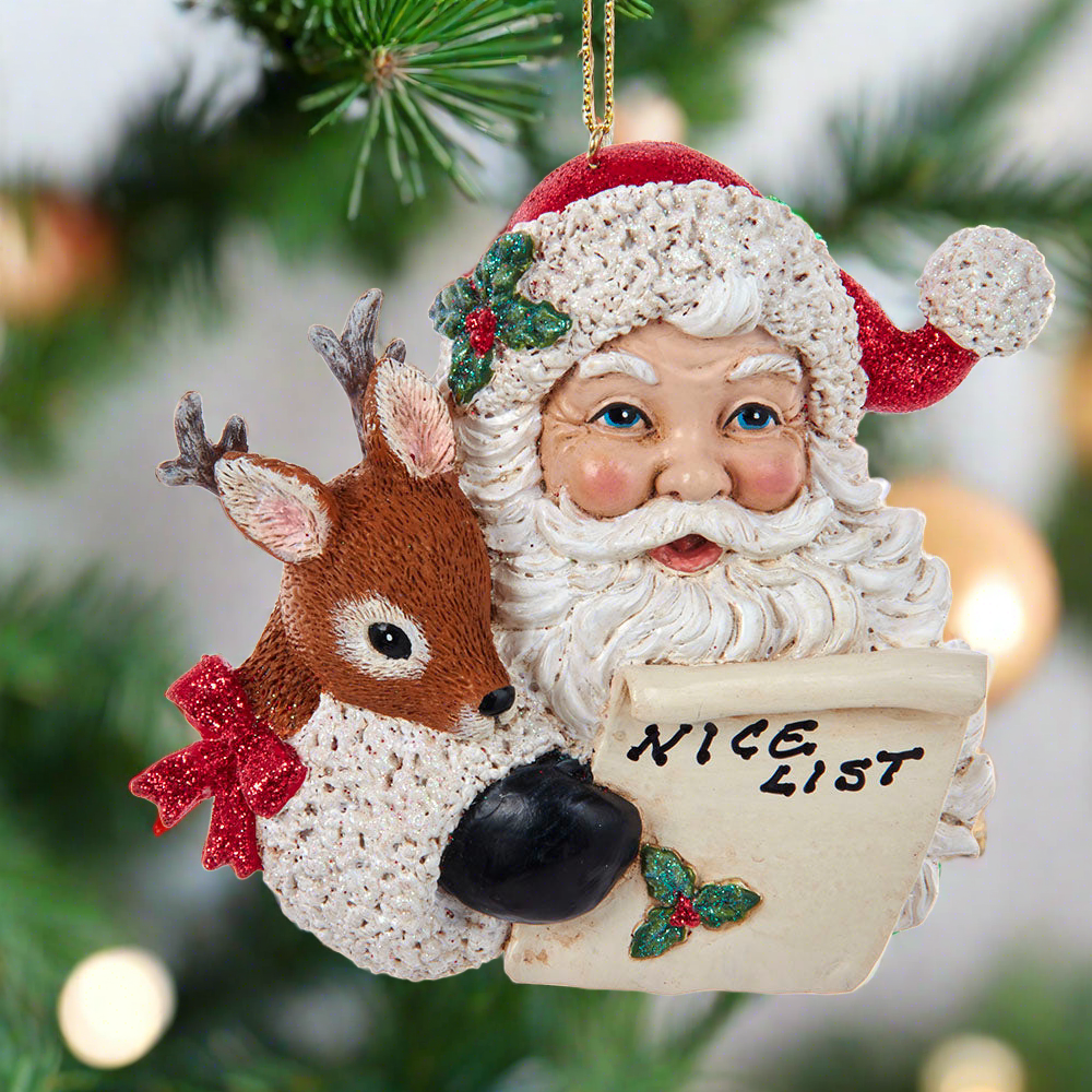 The Canton Christmas Shop Santa&#39;s Nice List with Reindeer holly mittens Kurt Adler ornament