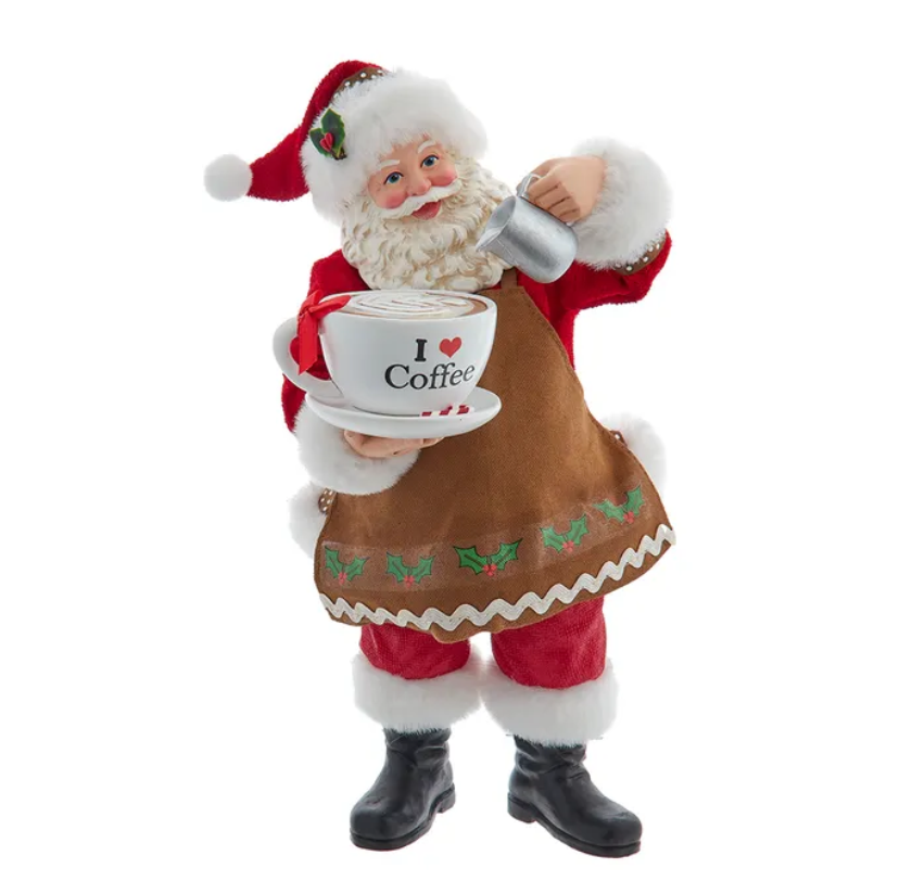 The Canton Christmas Shop Fabriche Santa Barista Figurine I love coffee