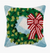 The Canton Christmas Shop Festive Wreath with red and white striped bow and blue gingham background hooked throw pillow