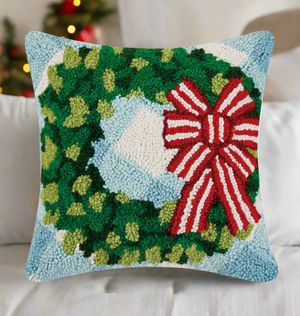 The Canton Christmas Shop Festive Wreath with red and white striped bow and blue gingham background hooked throw pillow