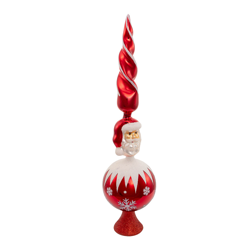 he Canton Christmas Shop 15 3/4" Red Santa Decorative Glass Tree Topper on table with ornaments