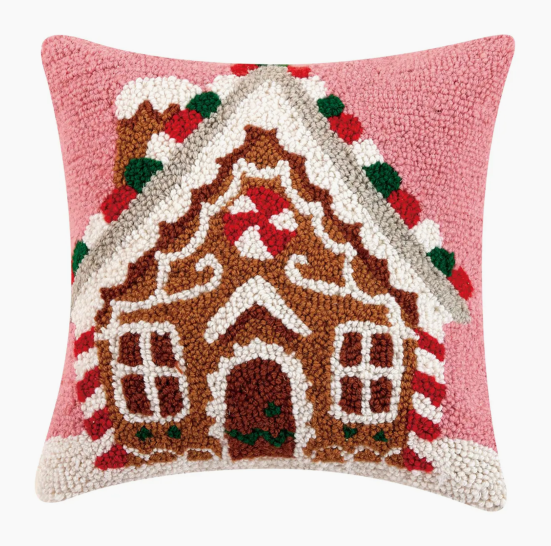 The Canton Christmas Shop Gingerbread House Pink Hooked Wool Throw Pillow with gumdrop accents and candy cane pillars