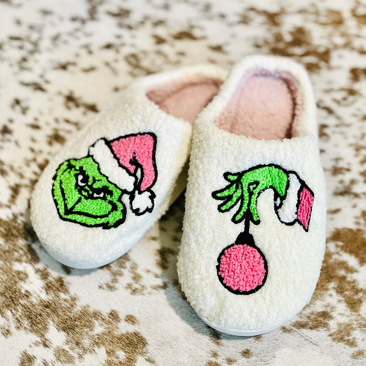 The Canton Christmas Shop Grinch Slippers pink sherpa style