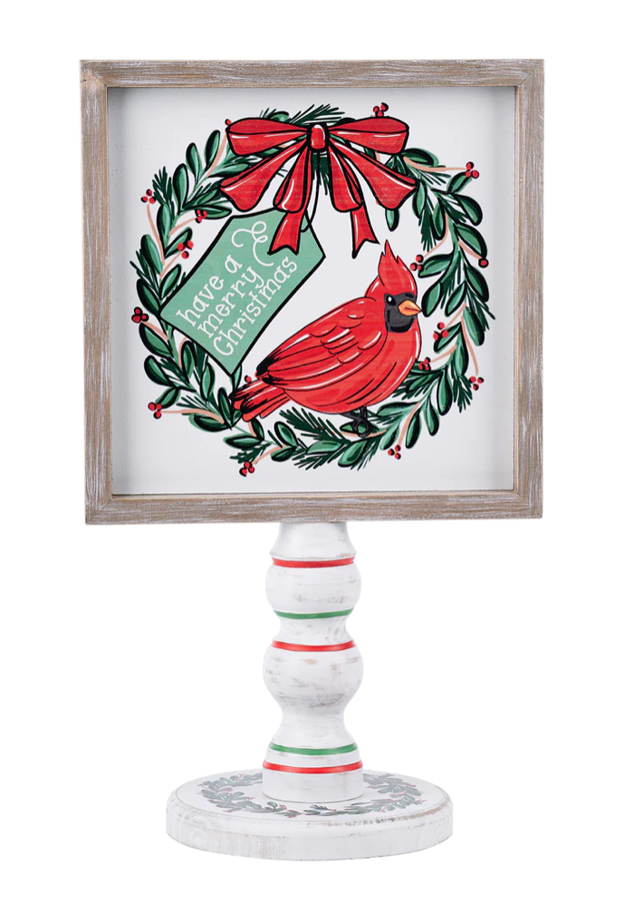 The Canton Christmas Shop Have A Merry Christmas Cardinal Red Bird Stand from Glory Haus with striped red and green base double sided