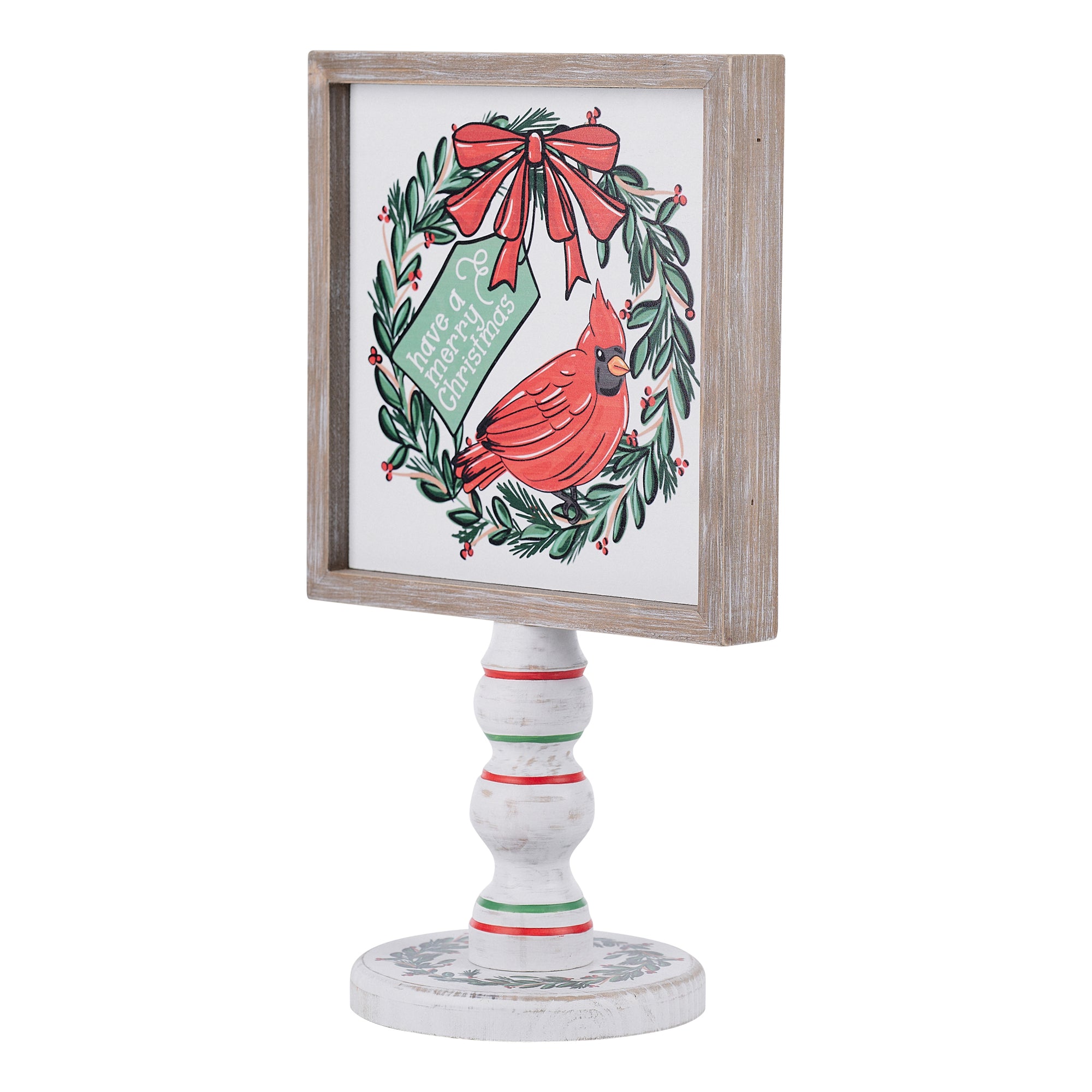 The Canton Christmas Shop Have A Merry Christmas Cardinal Red Bird Stand from Glory Haus with striped red and green base double sided